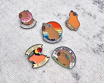 Cute Capybara Enamel Pins Set – Don’t Worry Be Cappy, Funny Animal Lapel Pins, Donut, Rainbow, Cocktail Capybara Pin Badges
