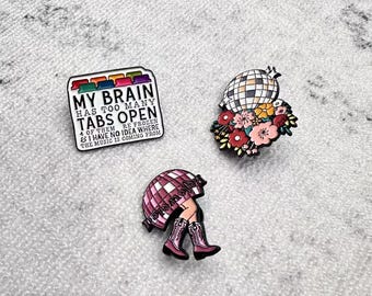Fun Disco Ball & "My Brain Has Too Many Tabs" Enamel Pins Set, Floral Disco, Disco Skirt with Cowboy Boots Brooches for Jackets, Hats