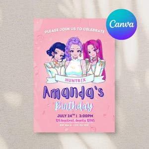 Puede incluir: Invitación de cumpleaños rosa con tres personajes de estilo anime. El texto dice "Please join us to celebrate" y "Amanda's Birthday". También se incluye la fecha, la hora y el lugar. Se ve un logotipo de Canva.