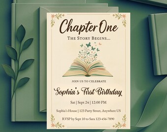 ファンタジーな絵本風1歳の誕生日招待状｜第1章パーティー招待状｜編集可能なCanvaテンプレート
