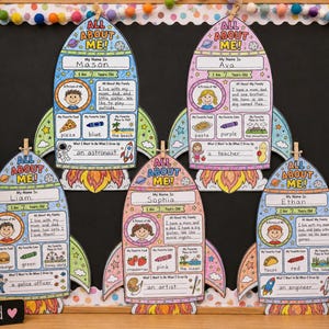 May include: Five rocket-shaped paper activity sheets titled All About Me, each featuring hand-written personal details for children named Mason, Ava, Liam, Sophia, and Ethan. The colorful templates include sections for drawings, family info, favorite foods, colors, places, and future career goals.