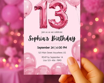 Pink Balloon 13th Birthday Invitation | Editable Canva Teen Party Invite