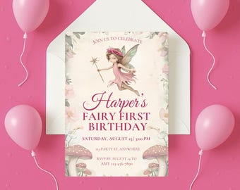 Könnte beinhalten: Eine rosa und weiße Einladungskarte für eine Feier zum ersten Geburtstag mit Feen-Motiv. Die Karte zeigt eine Feenillustration, den Text "Harper's Fairy First Birthday" und Veranstaltungsdetails. Rosa Ballons umgeben die Einladung.