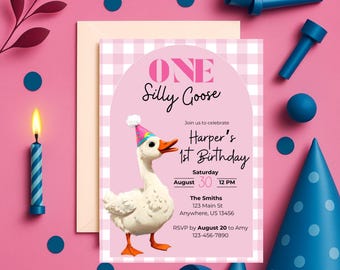 One Silly Goose 1st Birthday Invitation | Pink Goose Party Invite | Editable Canva Template