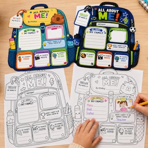 May include: Two colorful backpack-shaped activity sheets with the text ALL ABOUT ME, featuring sections for name, birthday, family, and interests. Two matching black and white line art versions are included, one partially filled out with colored pencils.