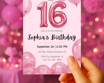 Pink Balloon 16th Birthday Invitation: Editable Canva Template (Digital Download)
