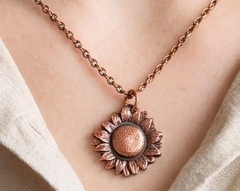 Genuine Copper Sunflower Necklace Birthday Gift for Wife Bohemian Jewelry Handmade Pendant Nature Inspired Botanical Design Teen Accessory