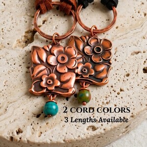 Real Copper Flower Necklace Antique Copper Handmade Pendant Gift Birthday Teen Women Statement Piece Boho Leather Chain Necklace Artisan