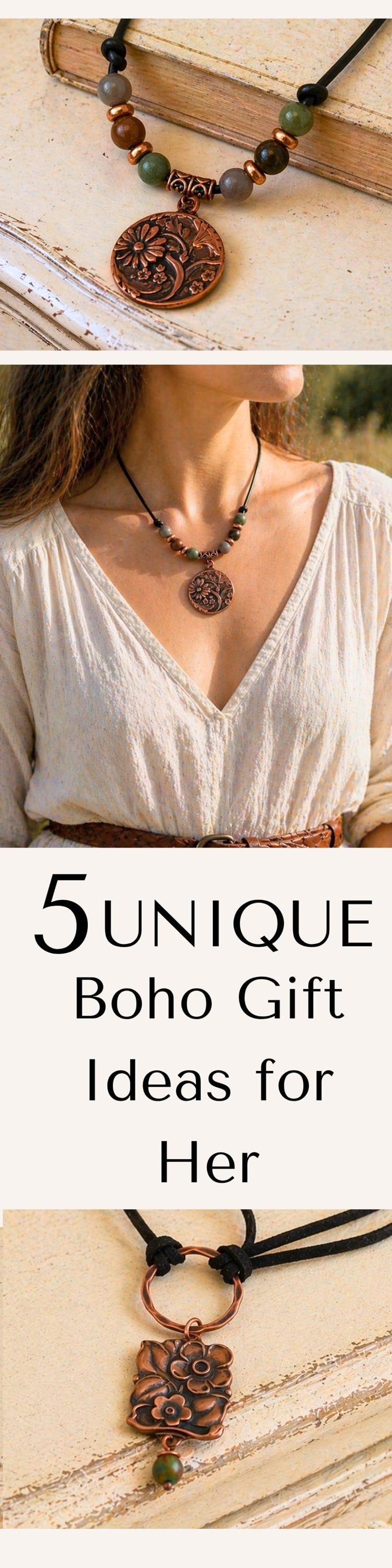May include: A necklace featuring a black cord, copper-toned metal beads, and green and brown stone beads. One necklace has a round copper pendant with a floral design, and the other has a square copper pendant with a floral design and a green bead.