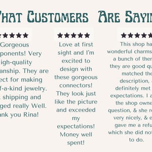 May include: A customer review graphic with the heading What Customers Are Saying in dark teal text. Below are three five-star ratings in black, each followed by a paragraph of text from customers praising the quality of jewellery components and charms.