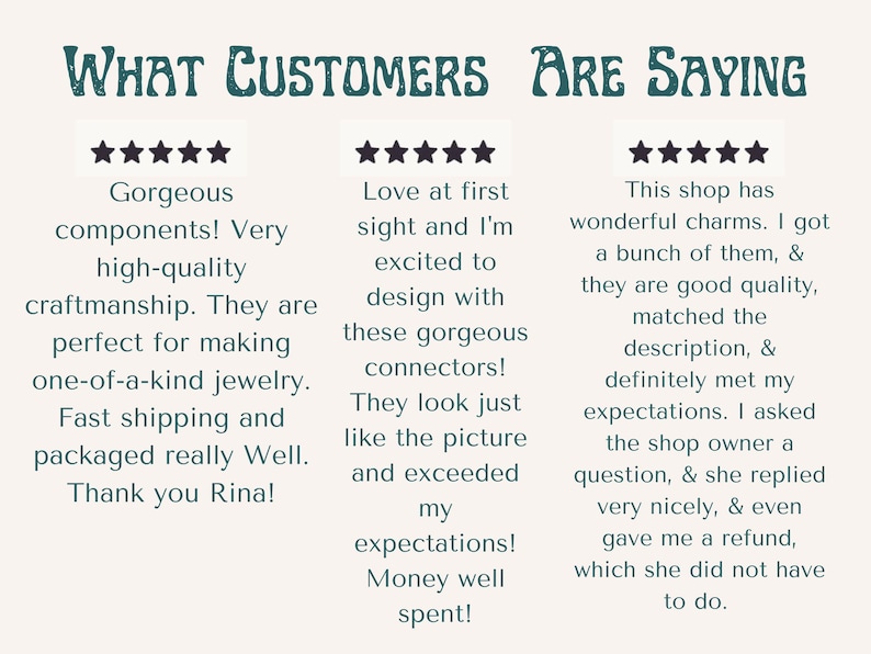 May include: A customer review graphic with the heading What Customers Are Saying in dark teal text. Below are three five-star ratings in black, each followed by a paragraph of text from customers praising the quality of jewellery components and charms.