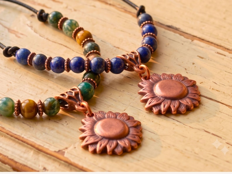Copper Sunflower Necklace Handmade Artisan Crafted Pendant Genuine Metal Flower Charm Leather Cord Adjustable Length Boho Statement Piece Birthday Gift Teen Women Jewelry Nature Inspired Design Vintage Rustic Style Everyday Wear Bohemian