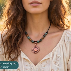 Copper Sunflower Necklace Handmade Artisan Crafted Pendant Genuine Metal Flower Charm Leather Cord Adjustable Length Boho Statement Piece Birthday Gift Teen Women Jewelry Nature Inspired Design Vintage Rustic Style Everyday Wear Bohemian