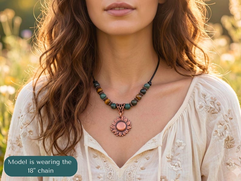 Copper Sunflower Necklace Handmade Artisan Crafted Pendant Genuine Metal Flower Charm Leather Cord Adjustable Length Boho Statement Piece Birthday Gift Teen Women Jewelry Nature Inspired Design Vintage Rustic Style Everyday Wear Bohemian
