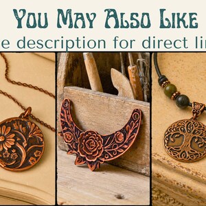 May include: Three copper-toned jewellery pieces: a circular pendant with a floral design on a chain, a crescent-shaped floral pendant, and a circular tree-of-life pendant on a beaded cord. The text reads: YOU MAY ALSO LIKE See description for direct links.