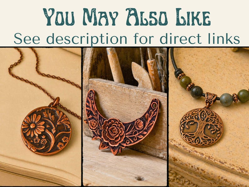 May include: Three copper-toned jewellery pieces: a circular pendant with a floral design on a chain, a crescent-shaped floral pendant, and a circular tree-of-life pendant on a beaded cord. The text reads: YOU MAY ALSO LIKE See description for direct links.