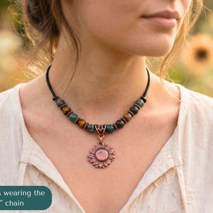 Copper Sunflower Necklace Handmade Artisan Crafted Pendant Genuine Metal Flower Charm Leather Cord Adjustable Length Boho Statement Piece Birthday Gift Teen Women Jewelry Nature Inspired Design Vintage Rustic Style Everyday Wear Bohemian