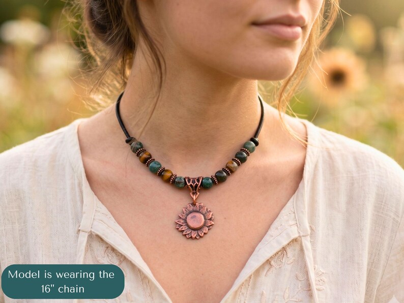 Copper Sunflower Necklace Handmade Artisan Crafted Pendant Genuine Metal Flower Charm Leather Cord Adjustable Length Boho Statement Piece Birthday Gift Teen Women Jewelry Nature Inspired Design Vintage Rustic Style Everyday Wear Bohemian