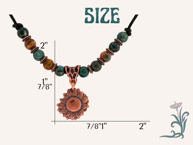 Nature Inspired Jewelry Copper Sunflower Necklace Handmade Pendant Vintage Bohemian Style Statement Piece Artisan Crafted Charm Leather Cord Adjustable Length Birthday Gift Teen Women Genuine Metal Flower Boho Accessory Rustic Design