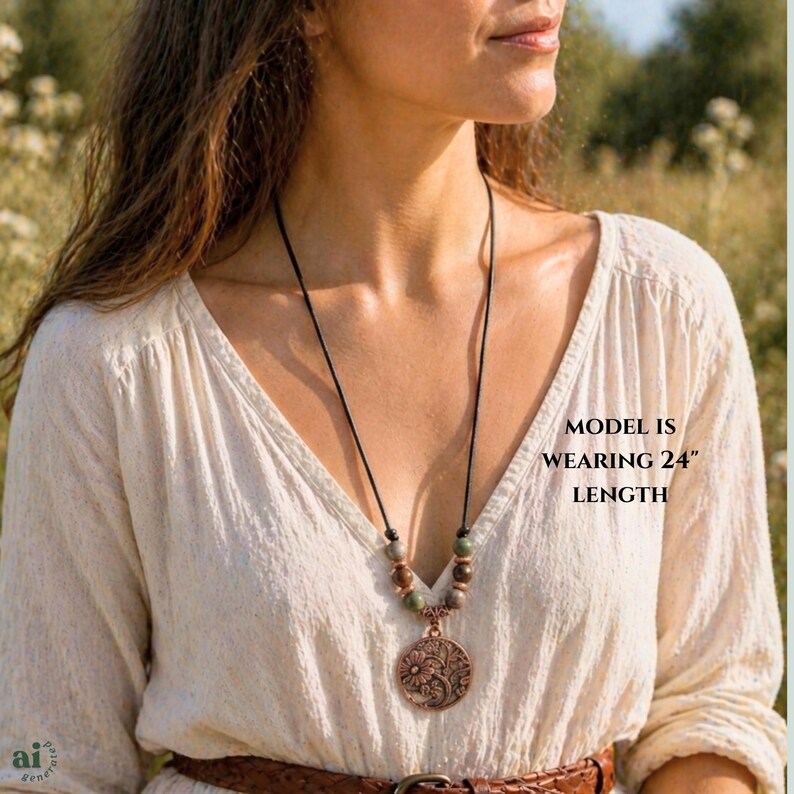 A necklace featuring a black cord strung with multi-colored stone beads, copper-toned spacers, and a central circular copper pendant embossed with a detailed floral design. The pendant displays a raised pattern of flowers and leaves.