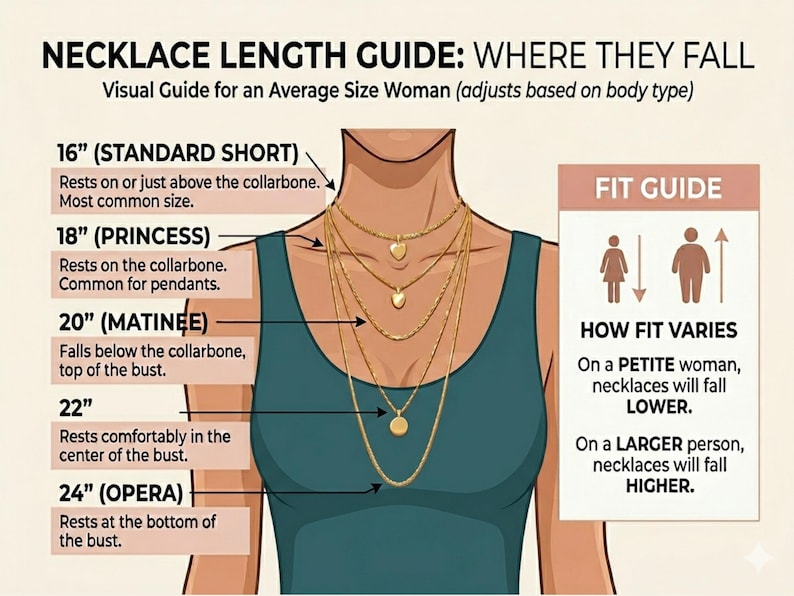 May include: A necklace length guide illustration showing five gold chains of varying lengths from 16 to 24 inches. The text labels include NECKLACE LENGTH GUIDE: WHERE THEY FALL, FIT GUIDE, and descriptions for standard, princess, matinee, and opera lengths.
