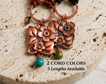 Real Copper Flower Necklace Antique Copper Handmade Pendant Gift Birthday Teen Women Statement Piece Boho Leather Chain Necklace Artisan