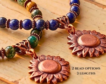 Real Copper Sunlower Necklace Boho Handmade Gift Birthday Women Statement Jewelry Artisan Crafted Vintage Style Nature Inspired Floral