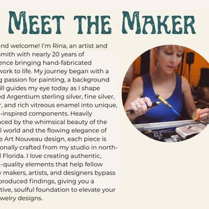 May include: A Meet the Maker informational graphic featuring text about a metalsmith named Rina and a circular photograph of a person in a blue tank top using a small torch to heat a piece of metal at a workbench in a studio setting.