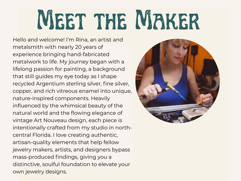 May include: A Meet the Maker informational graphic featuring text about a metalsmith named Rina and a circular photograph of a person in a blue tank top using a small torch to heat a piece of metal at a workbench in a studio setting.