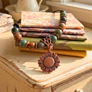Copper Sunflower Necklace Handmade Artisan Crafted Pendant Genuine Metal Flower Charm Leather Cord Adjustable Length Boho Statement Piece Birthday Gift Teen Women Jewelry Nature Inspired Design Vintage Rustic Style Everyday Wear Bohemian