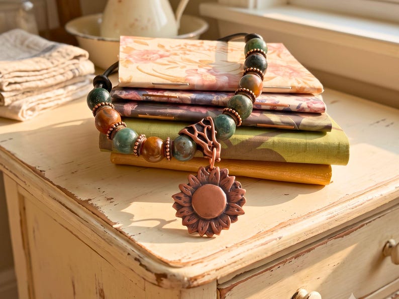Copper Sunflower Necklace Handmade Artisan Crafted Pendant Genuine Metal Flower Charm Leather Cord Adjustable Length Boho Statement Piece Birthday Gift Teen Women Jewelry Nature Inspired Design Vintage Rustic Style Everyday Wear Bohemian