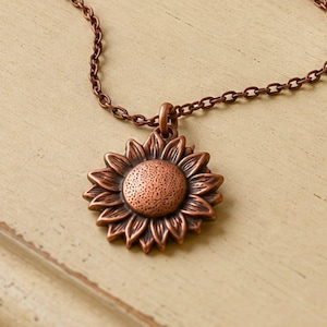 Genuine Copper Sunflower Necklace Birthday Gift for Wife Bohemian Jewelry Handmade Pendant Nature Inspired Botanical Design Teen Accessory