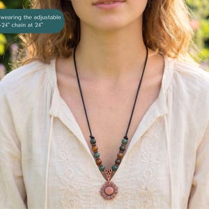 Nature Inspired Jewelry Copper Sunflower Necklace Handmade Pendant Vintage Bohemian Style Statement Piece Artisan Crafted Charm Leather Cord Adjustable Length Birthday Gift Teen Women Genuine Metal Flower Boho Accessory Rustic Design