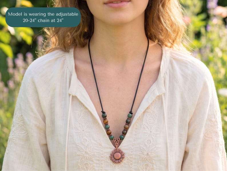 Nature Inspired Jewelry Copper Sunflower Necklace Handmade Pendant Vintage Bohemian Style Statement Piece Artisan Crafted Charm Leather Cord Adjustable Length Birthday Gift Teen Women Genuine Metal Flower Boho Accessory Rustic Design