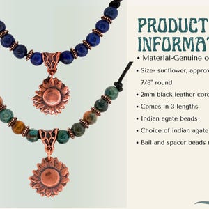 Copper Sunflower Necklace Handmade Artisan Crafted Pendant Genuine Metal Flower Charm Leather Cord Adjustable Length Boho Statement Piece Birthday Gift Teen Women Jewelry Nature Inspired Design Vintage Rustic Style Everyday Wear Bohemian