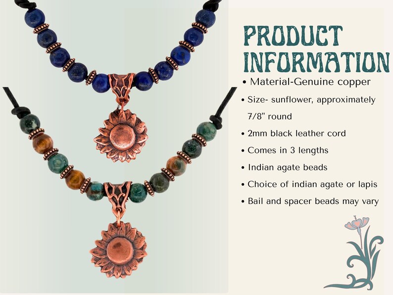 Copper Sunflower Necklace Handmade Artisan Crafted Pendant Genuine Metal Flower Charm Leather Cord Adjustable Length Boho Statement Piece Birthday Gift Teen Women Jewelry Nature Inspired Design Vintage Rustic Style Everyday Wear Bohemian