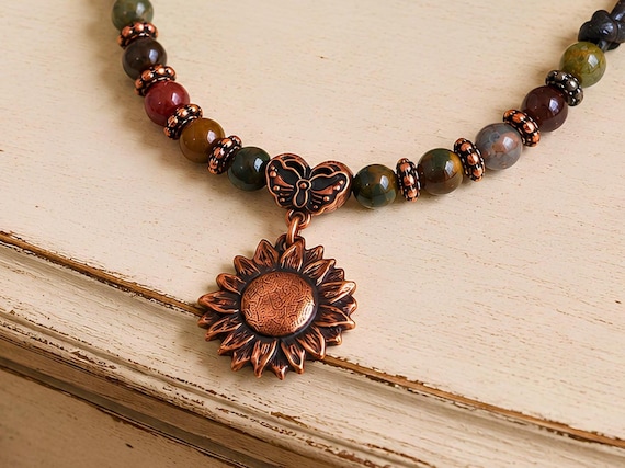 Real Copper Sunlower Necklace Boho Handmade Gift Birthday Women Statement Jewelry Artisan Crafted Vintage Style Nature Inspired Floral