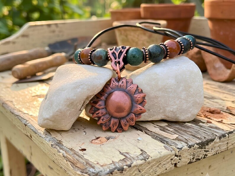 Nature Inspired Jewelry Copper Sunflower Necklace Handmade Pendant Vintage Bohemian Style Statement Piece Artisan Crafted Charm Leather Cord Adjustable Length Birthday Gift Teen Women Genuine Metal Flower Boho Accessory Rustic Design