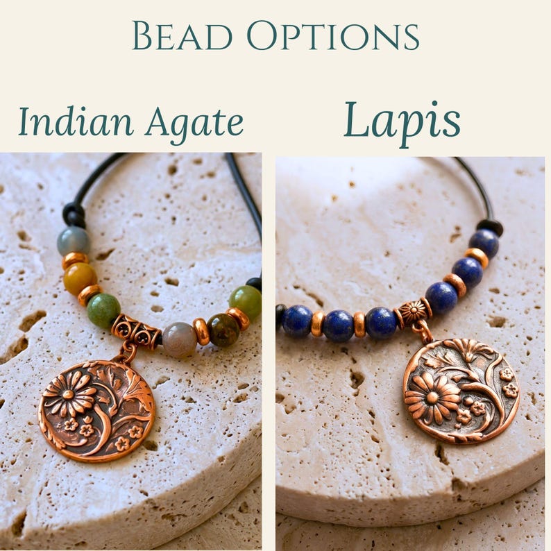 May include: Two bracelets featuring copper-toned floral pendants and round beads. The left bracelet displays multi-colored Indian Agate beads, while the right bracelet features deep blue Lapis beads. Both are strung on black cords with copper spacers.