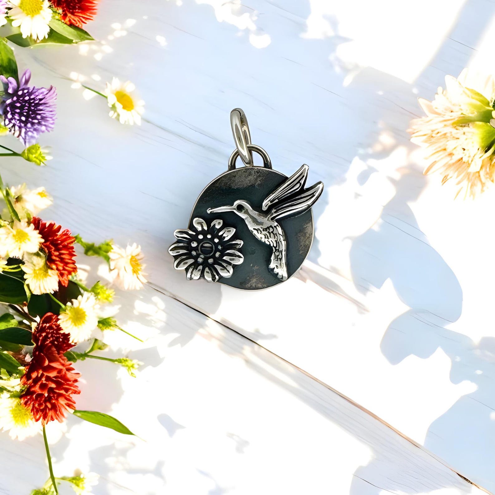 Hummingbird Flower Charm Pendant – Fine Silver and Argentium Sterling ...