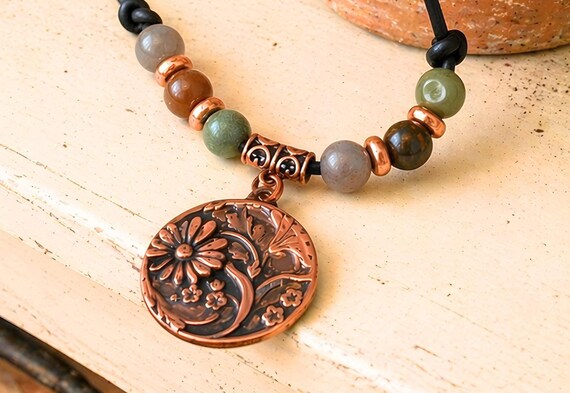 Copper Flower Necklace Handmade Gift Birthday Teen Women Jewelry Boho Pendant Statement Piece Artisan Crafted Daisy Charm Leather Cord