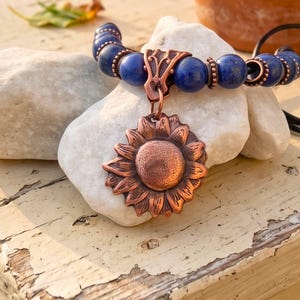 Copper Sunflower Necklace Handmade Artisan Crafted Pendant Genuine Metal Flower Charm Leather Cord Adjustable Length Boho Statement Piece Birthday Gift Teen Women Jewelry Nature Inspired Design Vintage Rustic Style Everyday Wear Bohemian