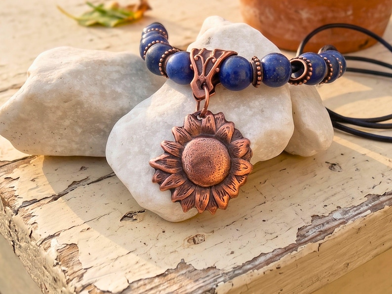 Copper Sunflower Necklace Handmade Artisan Crafted Pendant Genuine Metal Flower Charm Leather Cord Adjustable Length Boho Statement Piece Birthday Gift Teen Women Jewelry Nature Inspired Design Vintage Rustic Style Everyday Wear Bohemian