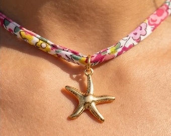 Liberty floral choker, adjustable necklace with extension chain, stainless steel, starfish pendant