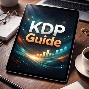 May include: A tablet displaying "KDP Guide" with a colorful abstract background, resting on a wooden desk. Other items on the desk include a laptop, a cup of coffee, a pen, glasses, and a notepad. The image suggests a business or educational theme.