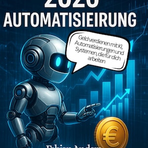 Könnte beinhalten: Digitale Illustration für ein Business-Buchcover. Das Bild zeigt einen silbernen Roboter, eine goldene Euro-Münze und eine ansteigende Grafik. Der Text enthält "ONLINE-BUSINESS 2026 AUTOMATISIEIRUNG" und "Zeitersparnis als Schlüssel zu mehr Gewinn."