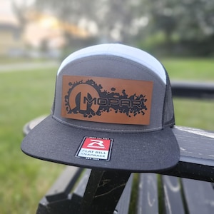Mopar Power Hat – Brown Leather Patch Trucker Cap, Dodge Muscle Car Snapback, Classic Auto Gift for Car Enthusiasts