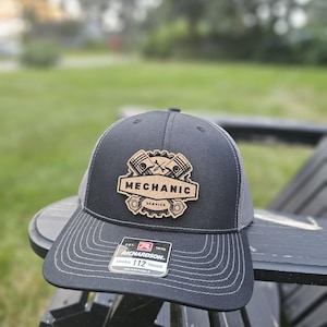 Mechanic Trade Hat – Richardson 112 Trucker Cap with Cork Leather Patch, Engraved Workwear Hat, Gift for Tradesmen, Shop Life Hat