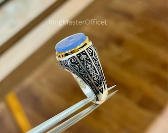 Yemeni Blue Aqeeq Agate Ring: Handmade Sterling Silver 925 Mens Jewelry