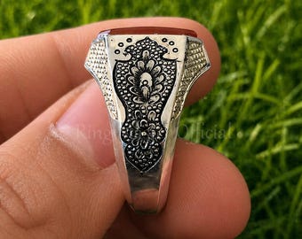 Natural Yemeni Brown Aqeeq Ring for Men – Handmade 925 Sterling Silver Signet Ring